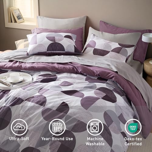 Queen Comforter Set with Sheets Plum Purple & Grey Geometric Bed in a Bag