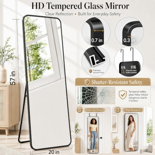 Black Full Length Floor Mirror 57x20 Inches, Freestanding & Wall Mountable