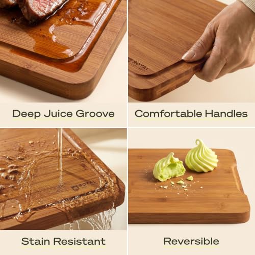 Carbonized Bamboo Cutting Board Set - 3-Piece Kitchen Chopping & Serving Boards with Juice Grooves