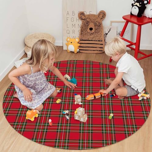 LooPoP 6ft Christmas Round Area Rug Red Green Plaid Non-Slip Indoor Outdoor Decor