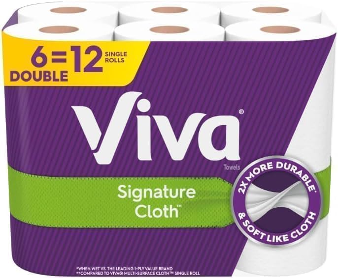 Viva Kitchen Paper Towels - Soft & Strong Absorbent Cloth-Like Texture | 6 Count, 12 Single Rolls
