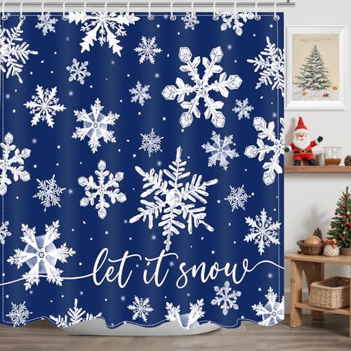 Blue Christmas Snowflake Shower Curtain Winter Snowflake Decorations Shower Curtain for Bath Snow Christmas Holidays Bathroom Decor Waterproof Fabric Shower Curtain with 12 Hooks (BLUE, 72''x 72'')