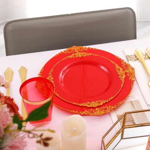 Morejoy 175PCS Red & Gold Disposable Plastic Plates Set - Elegant Partyware