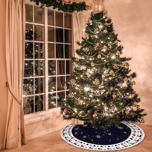 MEYAOHUIH 48in Christmas Tree Skirt Elk Snowflakes Navy Blue - Easy Tie Holiday Decor