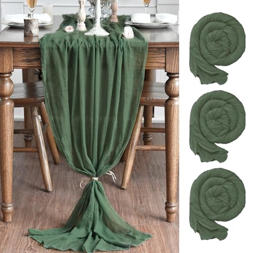 Artoid Mode 120 Inch 3-Piece Boho Forest Green Gauze Table Runners for Wedding & Holiday Decor