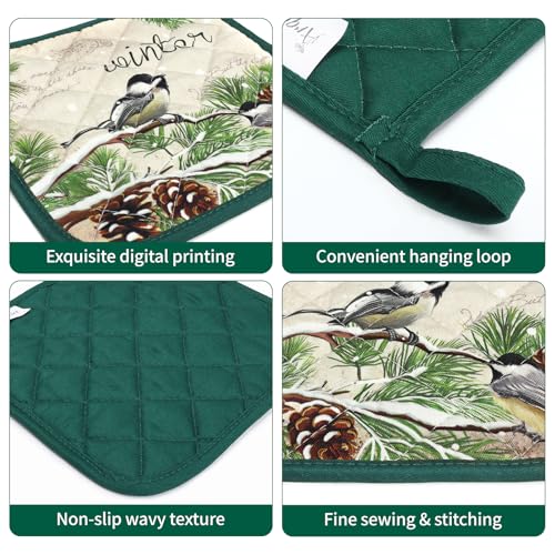 Winter Bird Leaf Oven Mitts & Pot Holders Set (Bird Leaf) 100% Cotton, 2pc