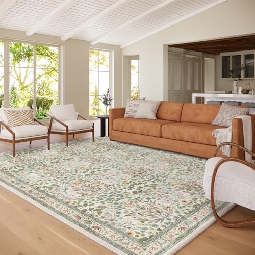 Beige 8x10 Vintage Floral Washable Area Rug for Living & Dining Rooms