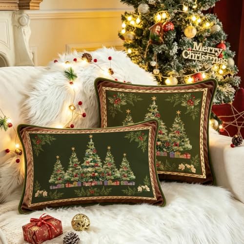 Artmag 24x24 Inch Green Christmas Tree Pillow Cover with Floral Pattern, Velvet Holiday Decor