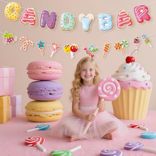 Candyland Party Decorations,2Pcs Pre-Strung Candy Bar Banner,Lollipop Garland Banner for Sweet Candy Themed Party,Birthday Wedding Christmas Party Decorations,Baby Shower