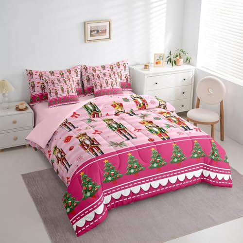 Erosebridal 7-Piece Pink Bow Comforter Set Full Bed in a Bag – Christmas Trees & Snowflake Design