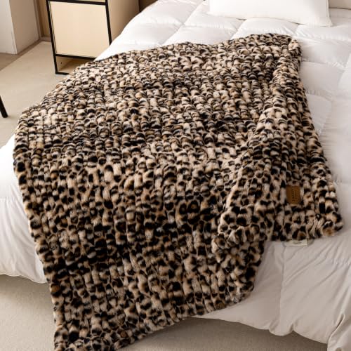 Leopard Print Faux Rabbit Fur Throw Blanket - Medium 50x60 Inches