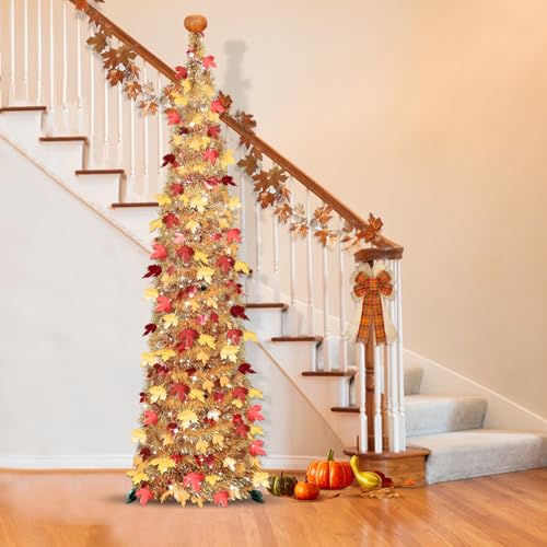 6FT Fall Tinsel Maples Tree with Lights - Battery Operated Fall Decor
