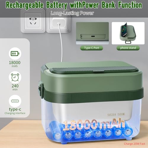 MDHAND Green Cordless Heated Lunch Box with 18000mAh Battery, Self-Heating & Timer