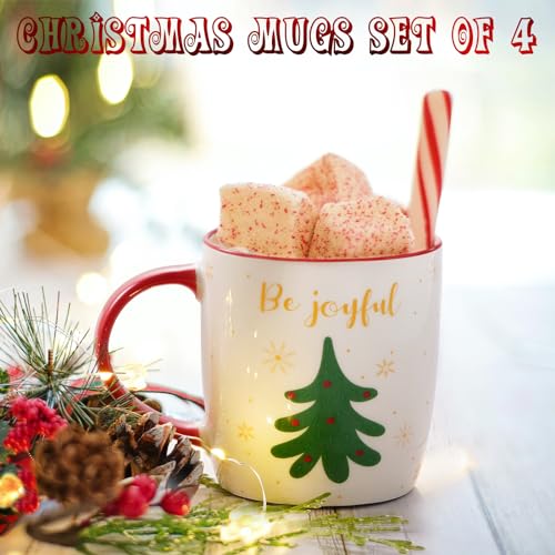 Merry Christmas Christmas Mug Set of 4 - 11 Oz Ceramic Tree Mugs Gift Set (Merry Xmas Gifts Ornaments)