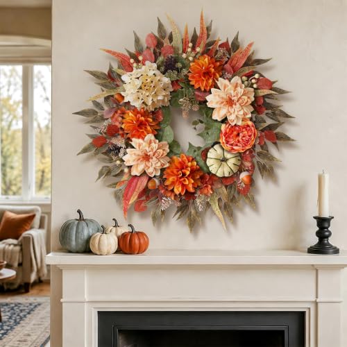 24 Inch Artificial Silk Hydrangea Fall Wreath for Front Door Decor