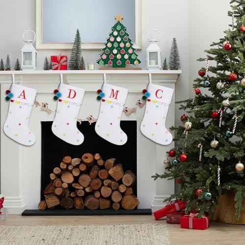 19.5 Inches Initial Monogram White Christmas Stocking Personalized, Embroidered Letter Fleece Christmas Stocking with pom poms Decoration for Family Christmas Holiday Party Decor-A