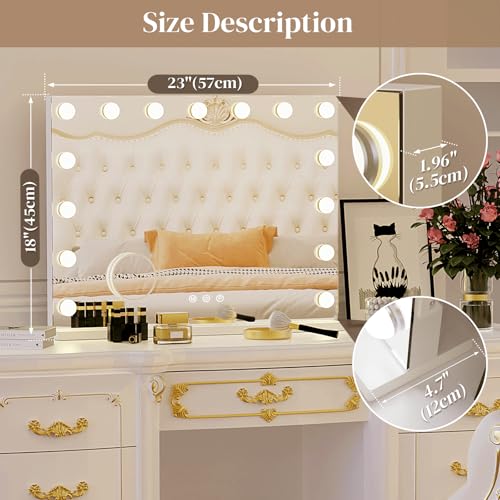 ZazaFi White Hollywood Vanity Mirror with Lights, 15 Bulbs, 3 Color Options, 23" x 18" with USB Charging Port