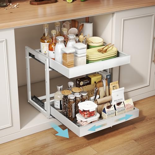 Golener 2-Tier Expandable Pull Out Cabinet Organizer 16 Inch Deep White
