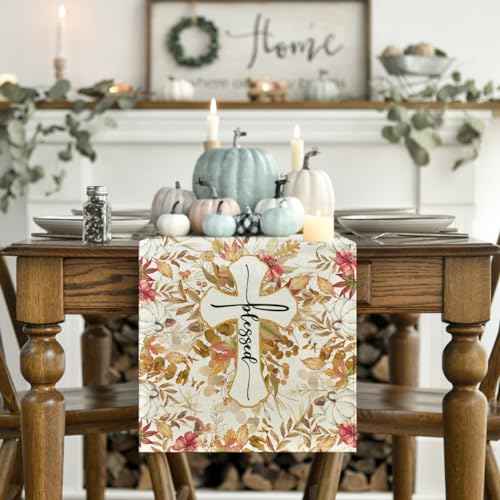 Artoid Mode Cross Blessed Eucalyptus Pumpkins Fall Table Runner, Seasonal Autumn Kitchen Dining Table Decoration for Home Party Decor 13x72 Inch