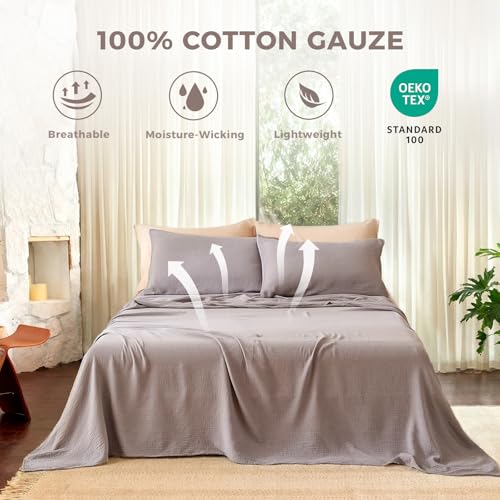 LUTBM King 100% Cotton Muslin Sheet Set Gray - 4 Piece Breathable Bed Sheets