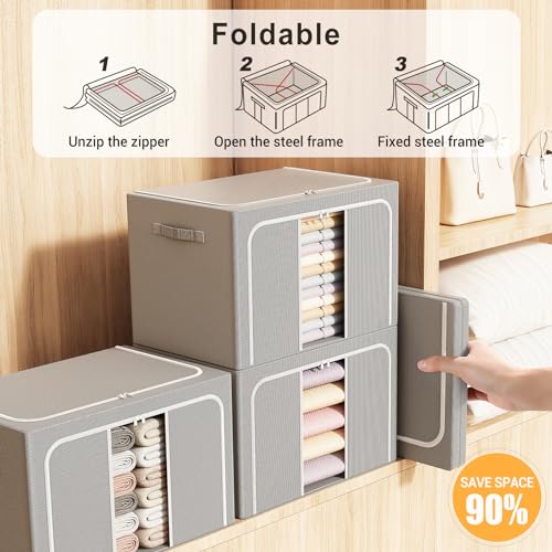 Light Gray Foldable Clothes Storage Bins with Metal Frame 66L - 3 Pack