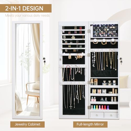 Off White LED Mirror Jewelry Armoire Door Wall Mount with Storage & Drawers