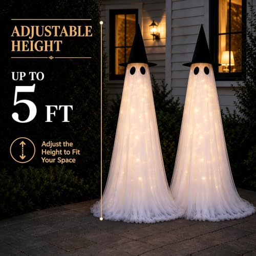 CheerBloom 2 Pack 5 Ft Large Light Up Ghost Decorations - Halloween Outdoor Decor, USB & Battery Powered, Remote Control, 8 Lighting Modes (Variant: 2PK-LARGE-LED-GHOST)