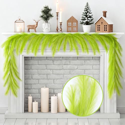 Lemon Green 24 Ft Christmas Garland with Pampas Grass - Faux Feathers, Home Decor