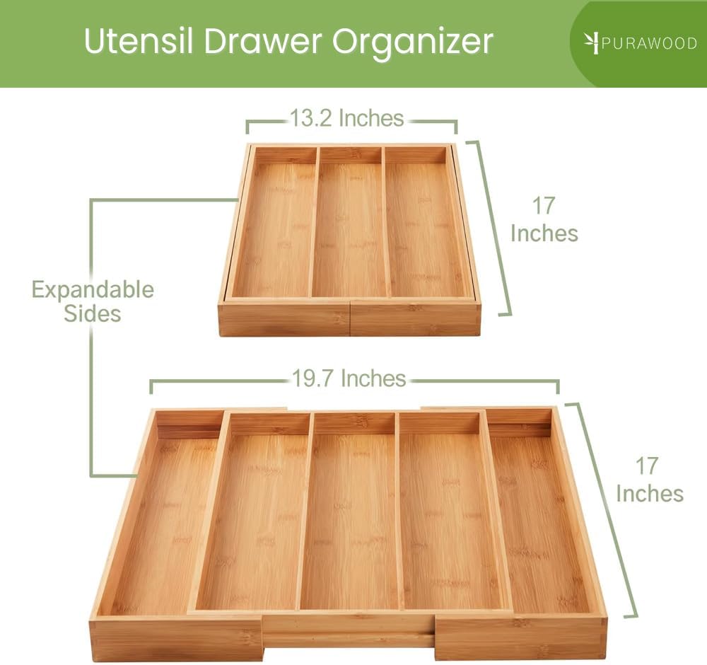 Purawood Kitchen Drawer Organizer - Expandable Bamboo Utensil & Cutlery Tray, 3-5 Slots (Natural Finish)