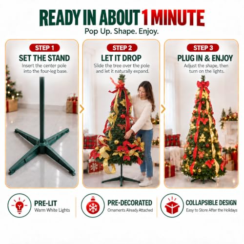 ANTSJU 7.5Ft Prelit Collapsible Artificial Christmas Tree with Warm White Lights - Green, Foldable Holiday Decor