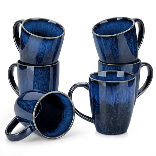 Blue Ceramic Coffee Mug Set of 6 - 16 Oz Tea Cups with Handle, Microwave & Dishwasher Safe