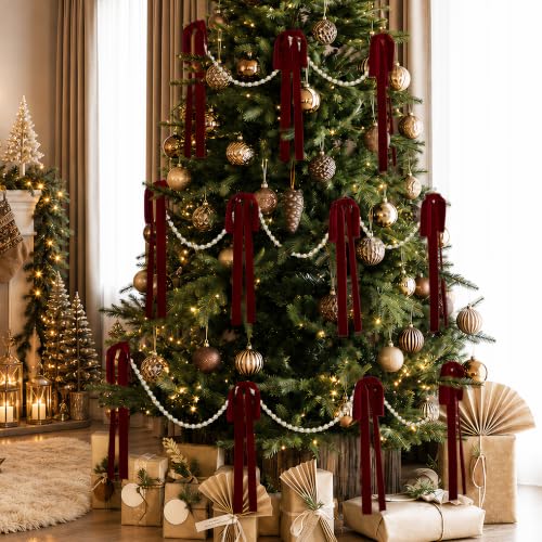 Burgundy Wine Red Velvet Bow & Pearl Garland Set - 2 x 7.2 Ft Christmas Decor