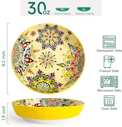 Large 30oz Colorful Ceramic Pasta Bowls Set of 6 - Bohemian Style Serving Dishes