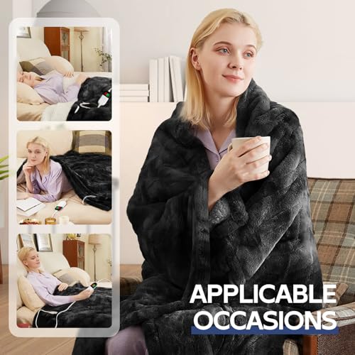 MAXEVE Grey 50x60-Inch Electric Heated Faux Rabbit Fur Throw Blanket with 8 Heat Levels
