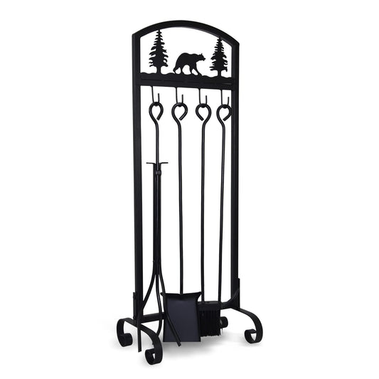 SCENDOR 5 Pieces Fireplace Tools Set 30.5 Inch Wrought Iron Fire Place Pit Poker Holder Brush and Stand Accessories Set Christmas Animal Pattern Outdoor Indoor