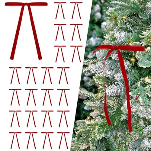 24 Pcs Red Velvet Bows Ornaments for Christmas Tree, Vintage Rustic Elegant Velvet Christmas Bows Tree Decorations, Indoor Home Decor for Wreath Mantle Gift Wrap Holiday Decor, 3/8'' W, 5 * 7 inch