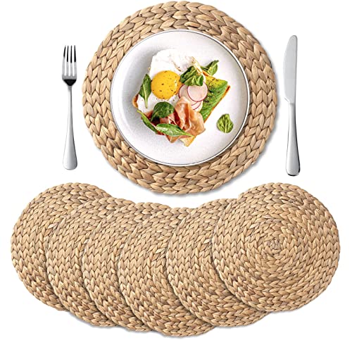 6 Pack, Round Woven Placemats, Natural Water Hyacinth Wicker Place
