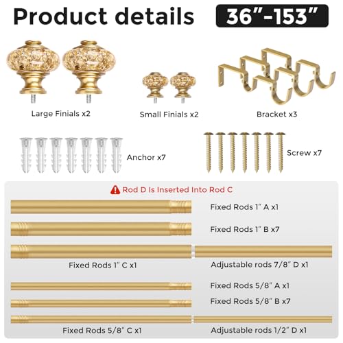 Gold Double Curtain Rod 36-153 Inch with Crystal Finials - Elegant Decor