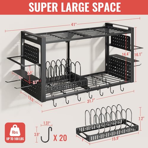 Freexployer 41-Inch Wall-Mounted Pot Rack with 20 Hooks & Lid Organizer, Heavy Duty Kitchen Storage