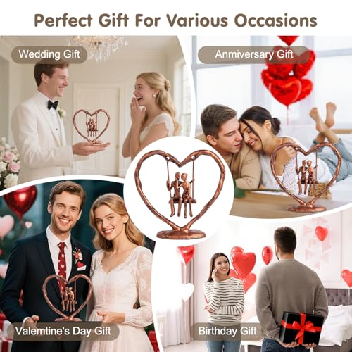 Antique Copper Wedding Anniversary Couple Sculpture - Heart Swing Figurine Gift