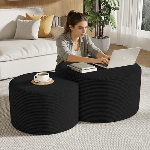 Round Nesting Coffee Table Set of 2,Upholstered Foam Ottoman Footrest