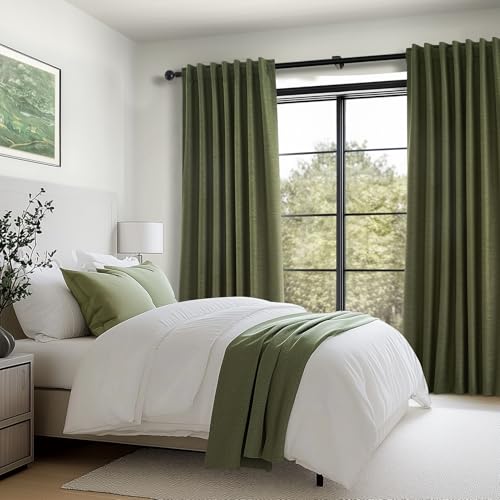 Olive Green Linen Blackout Curtains 84 Inch Pack of 2 for Living Room & Bedroom - Boho Style
