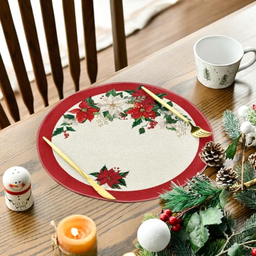 Artoid Mode Beige Leaves Poinsettia Round Placemats Set of 6 14 Inch Christmas Table Decor