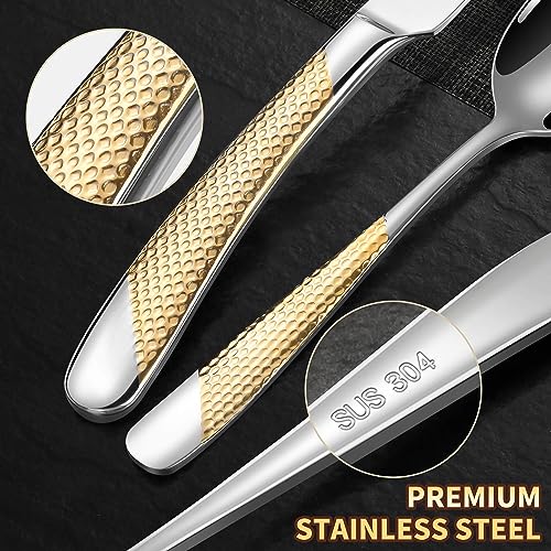 Hammered Silver Gold Flatware Set for 8 - 40-Piece Stainless Steel Cutlery with Serrated Knives