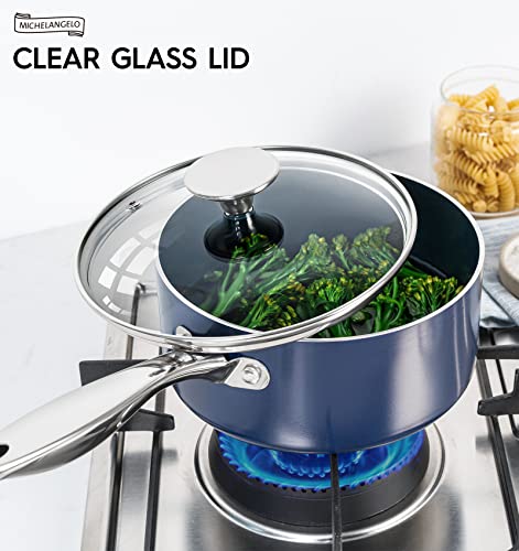 Michelangelo Blue 4 Qt Nonstick Ceramic Saucepan with Lid - Induction & Oven Safe