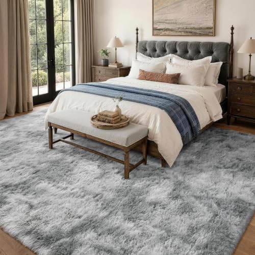 Extra Large Tie-Dyed Grey Fluffy Area Rug 9x12 - Non-Slip, Soft Living Room Carpet - Variation: M-Tie-Dyed Grey / 9' x 12' Rectangular
