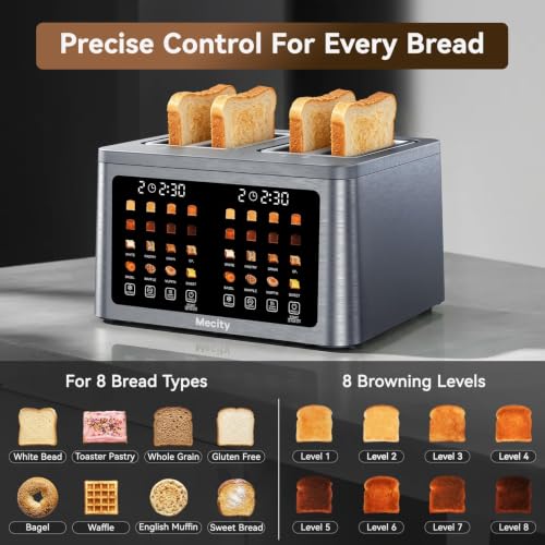Mecity 4-Slot Wide Slot Digital Toaster with Touch Screen & Stainless Steel - Brushed Gray