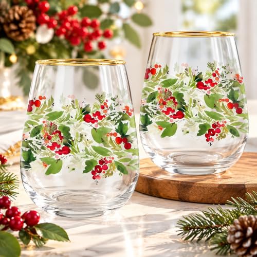 Whaline 2-Pack 17oz Christmas Stemless Wine Glasses with Holly Berries & Gold Rim