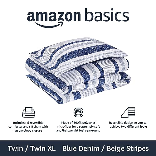 Twin/Twin XL Reversible Microfiber Comforter Set - Blue Denim & Beige Stripes