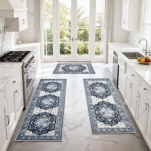 Ufeekare Blue 3-Piece Kitchen Rug Set Non-Slip Washable 20x32/20x48/20x59